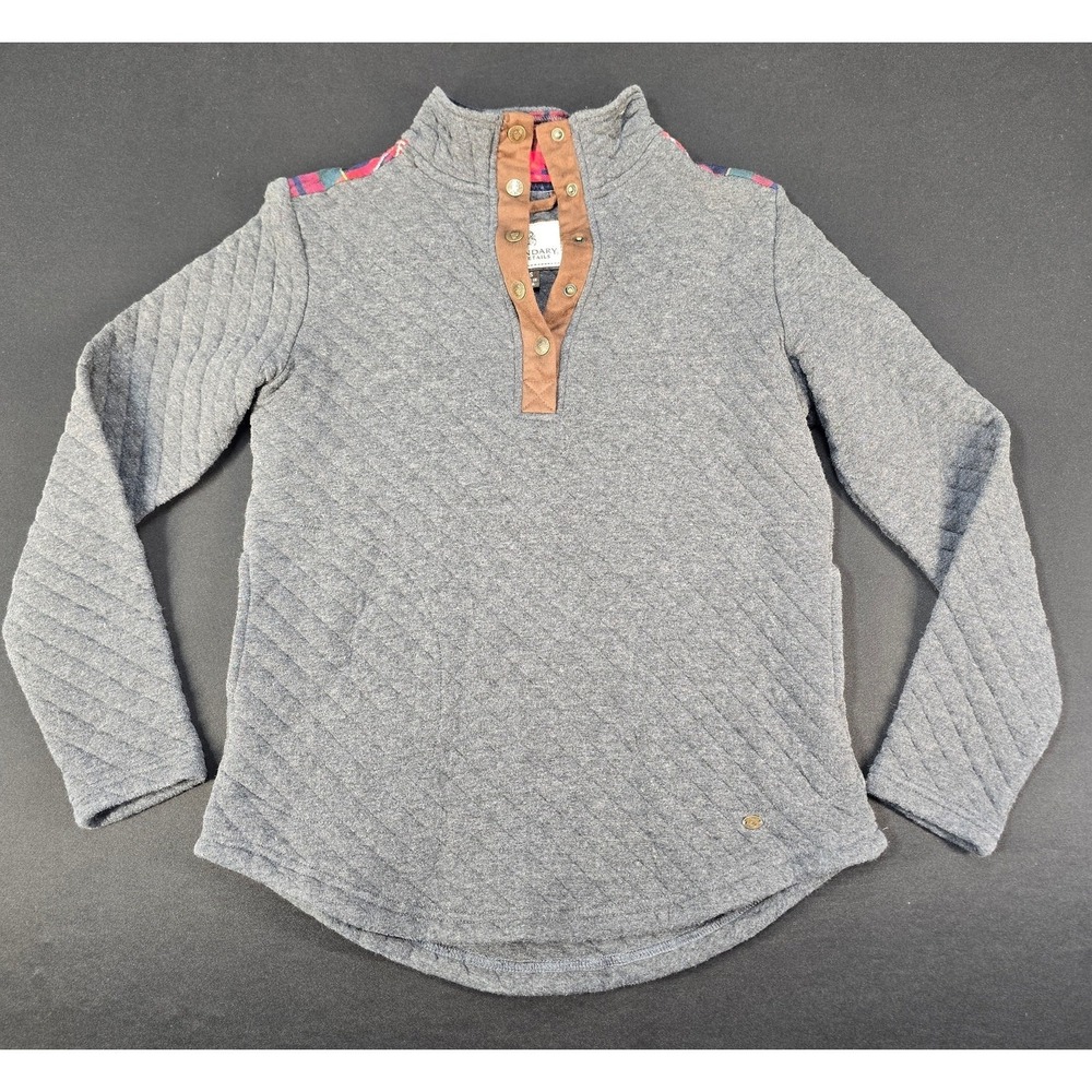 Legendary Whitetails Women XS‎ Gray Quilted Fleece Snap Neck Pullover Plaid Trim